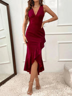 Ruffle Hem V - Neck Bodycon Dress - Charmdeals