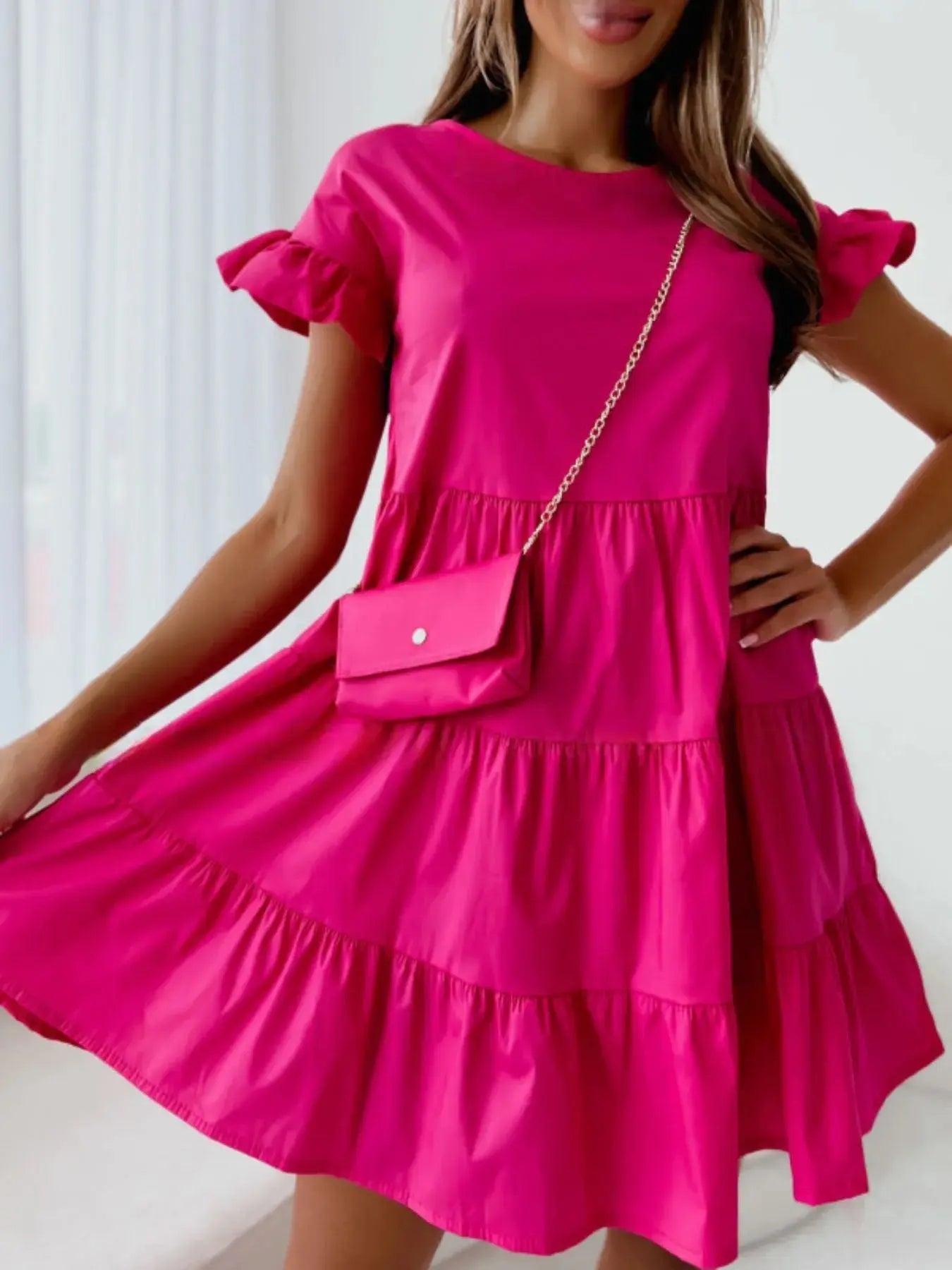 Ruffle Sleeve Tiered Swing Dress - Charmdeals