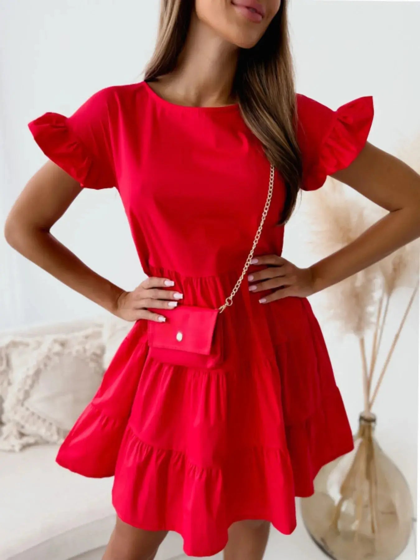 Ruffle Sleeve Tiered Swing Dress - Charmdeals