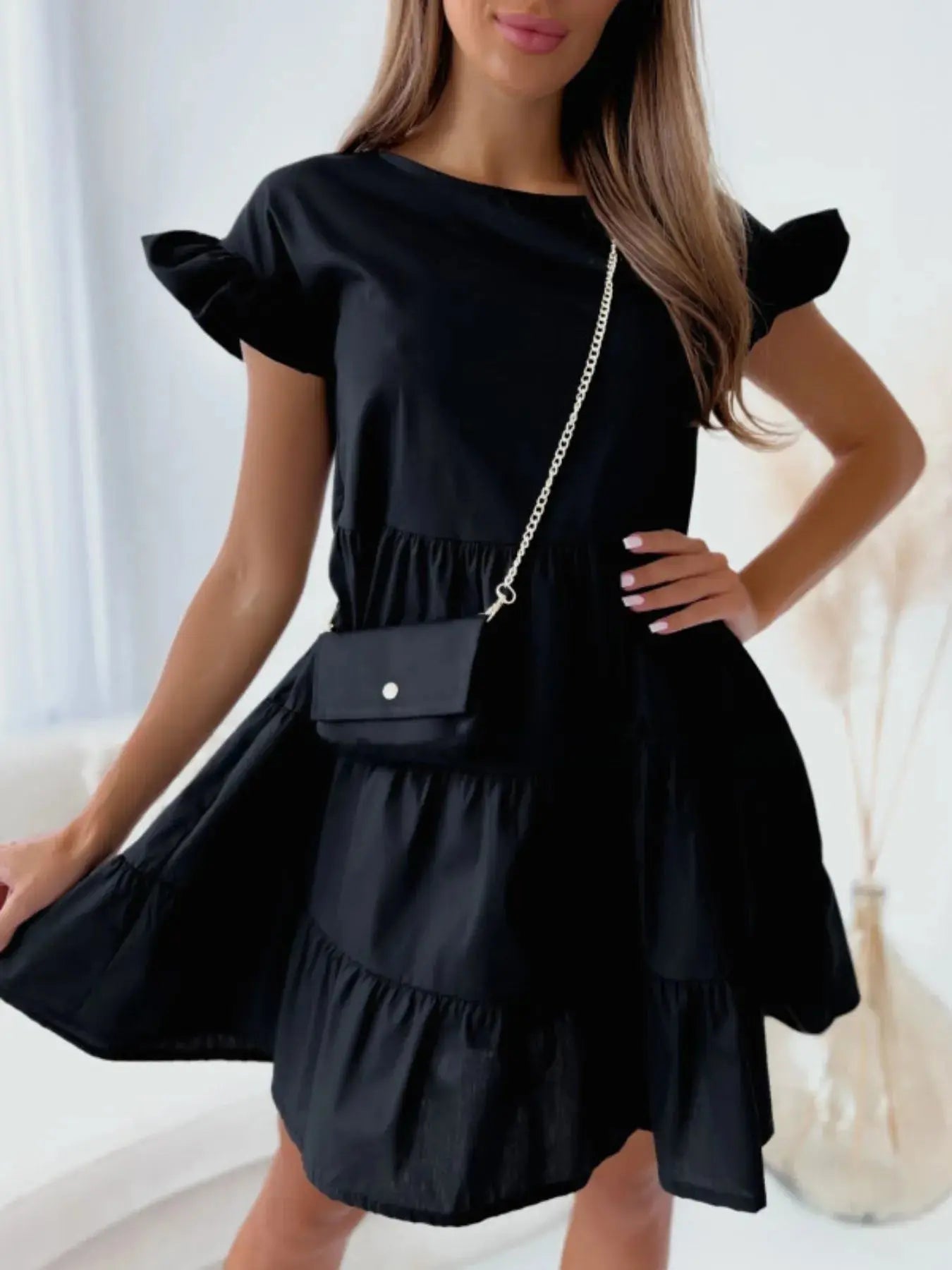 Ruffle Sleeve Tiered Swing Dress - Charmdeals