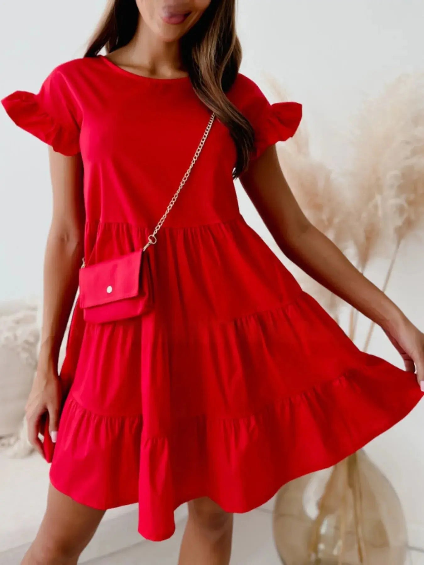 Ruffle Sleeve Tiered Swing Dress - Charmdeals
