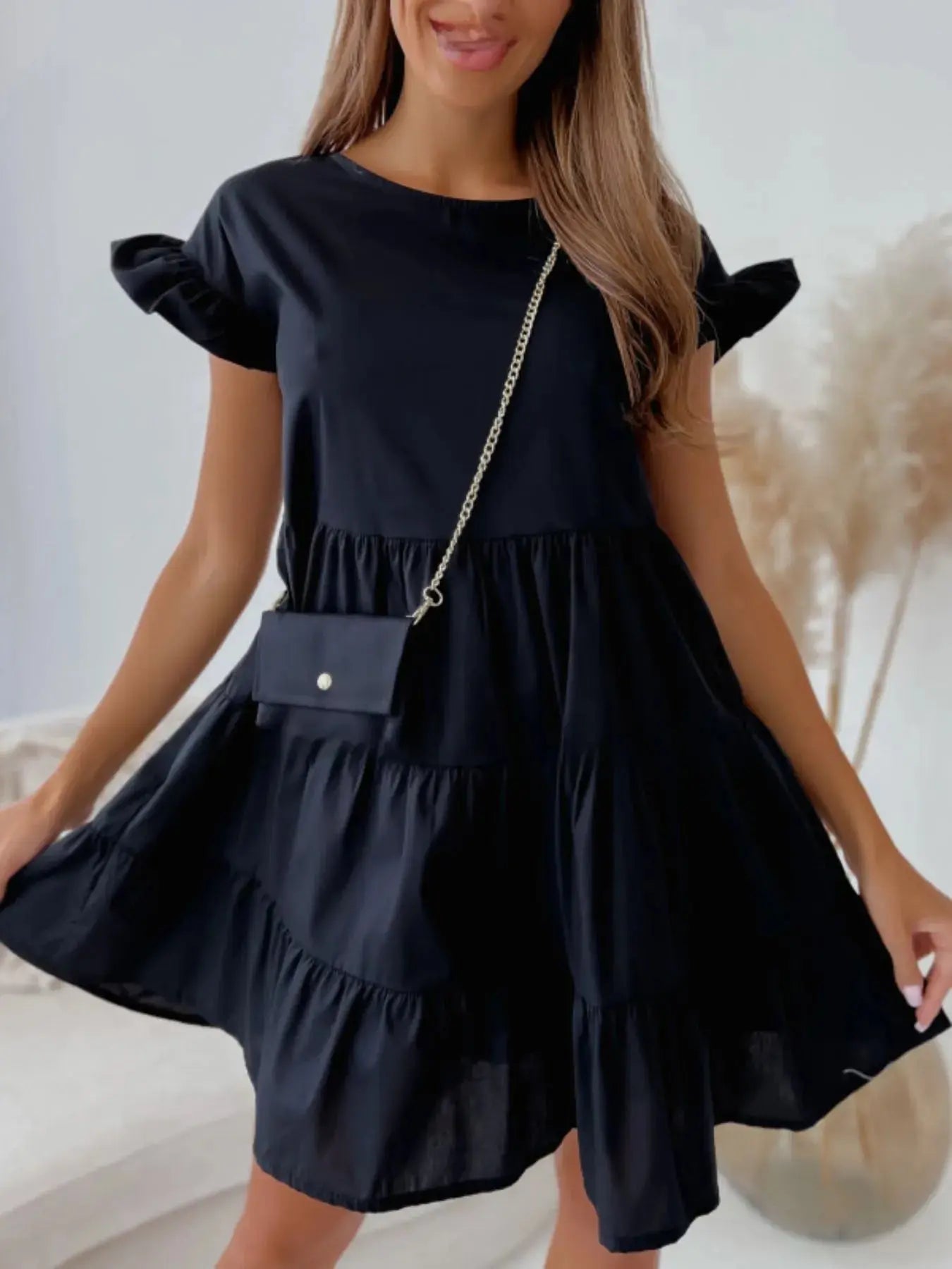 Ruffle Sleeve Tiered Swing Dress - Charmdeals