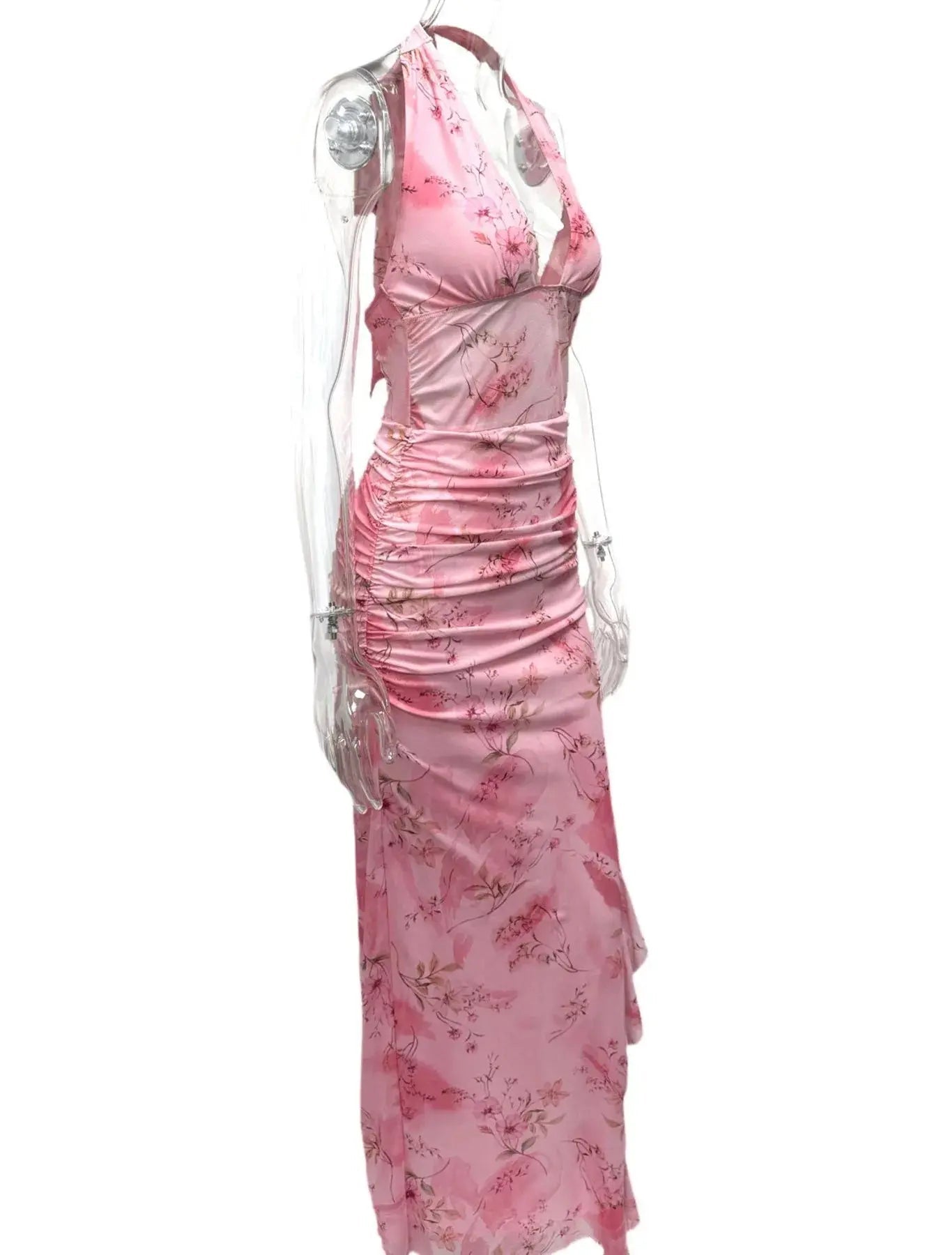 Ruffled Floral Print Halter Neck Cami Dress - Charmdeals