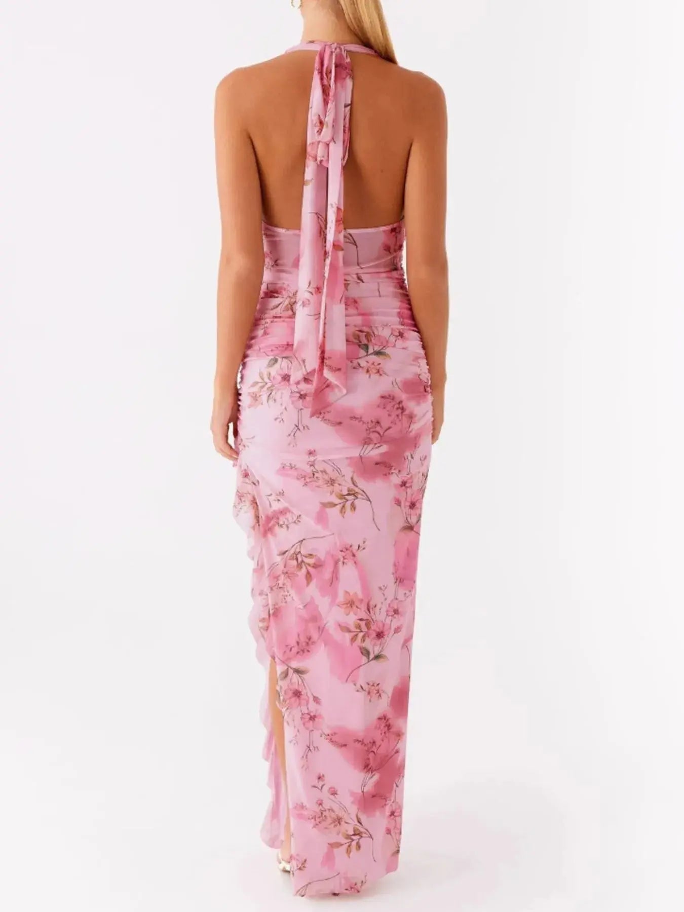 Ruffled Floral Print Halter Neck Cami Dress - Charmdeals