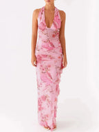 Ruffled Floral Print Halter Neck Cami Dress - Charmdeals