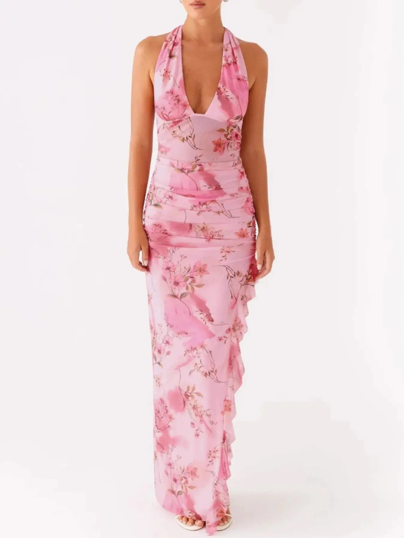 Ruffled Floral Print Halter Neck Cami Dress - Charmdeals