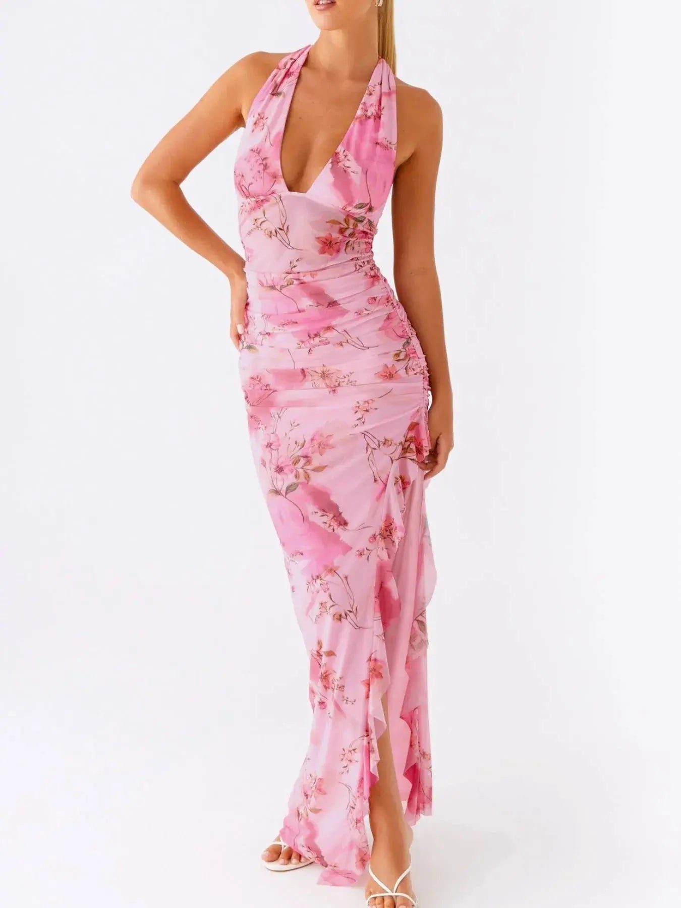 Ruffled Floral Print Halter Neck Cami Dress - Charmdeals