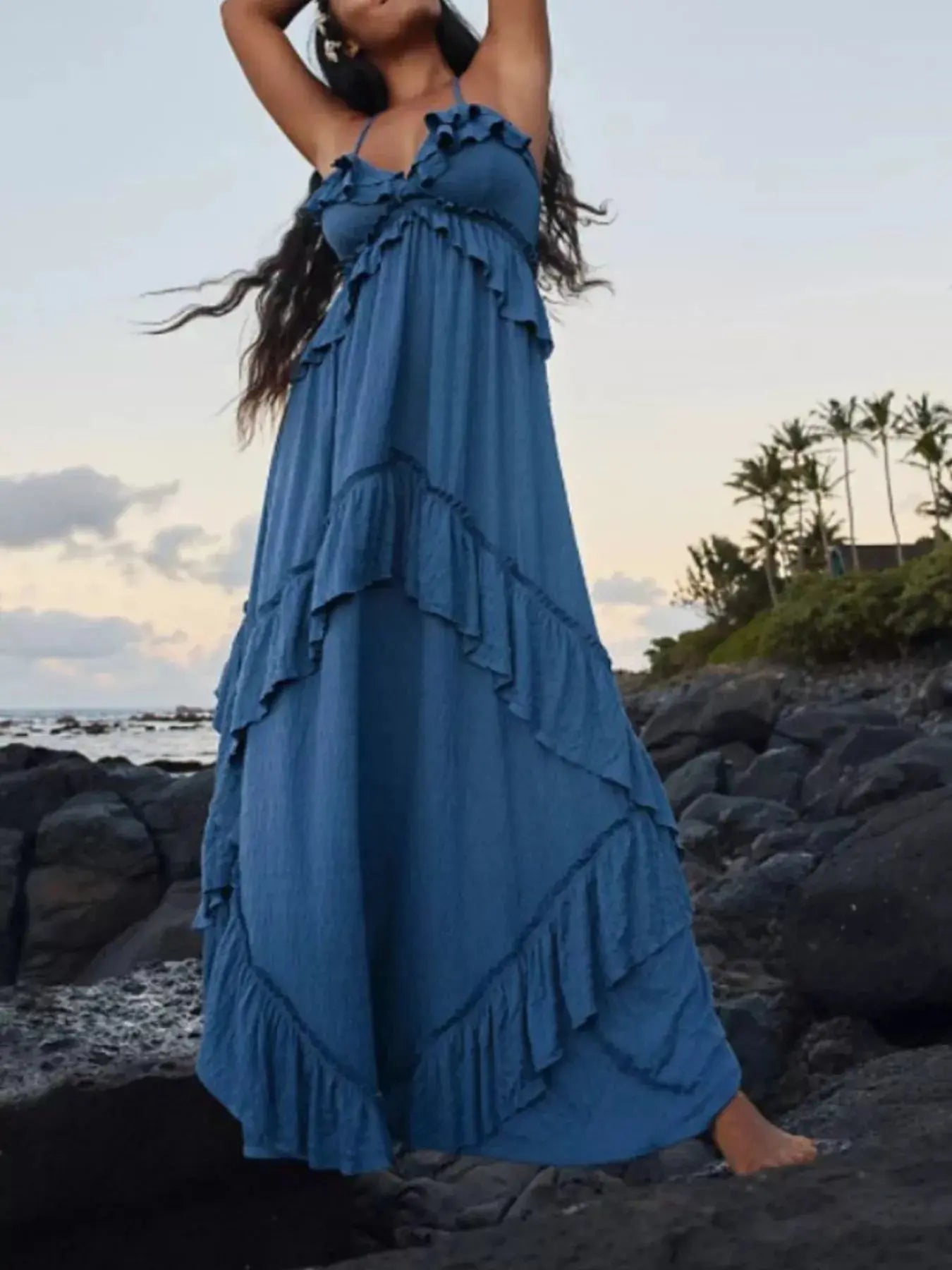 Ruffled Halter Neck Maxi Dress - Charmdeals