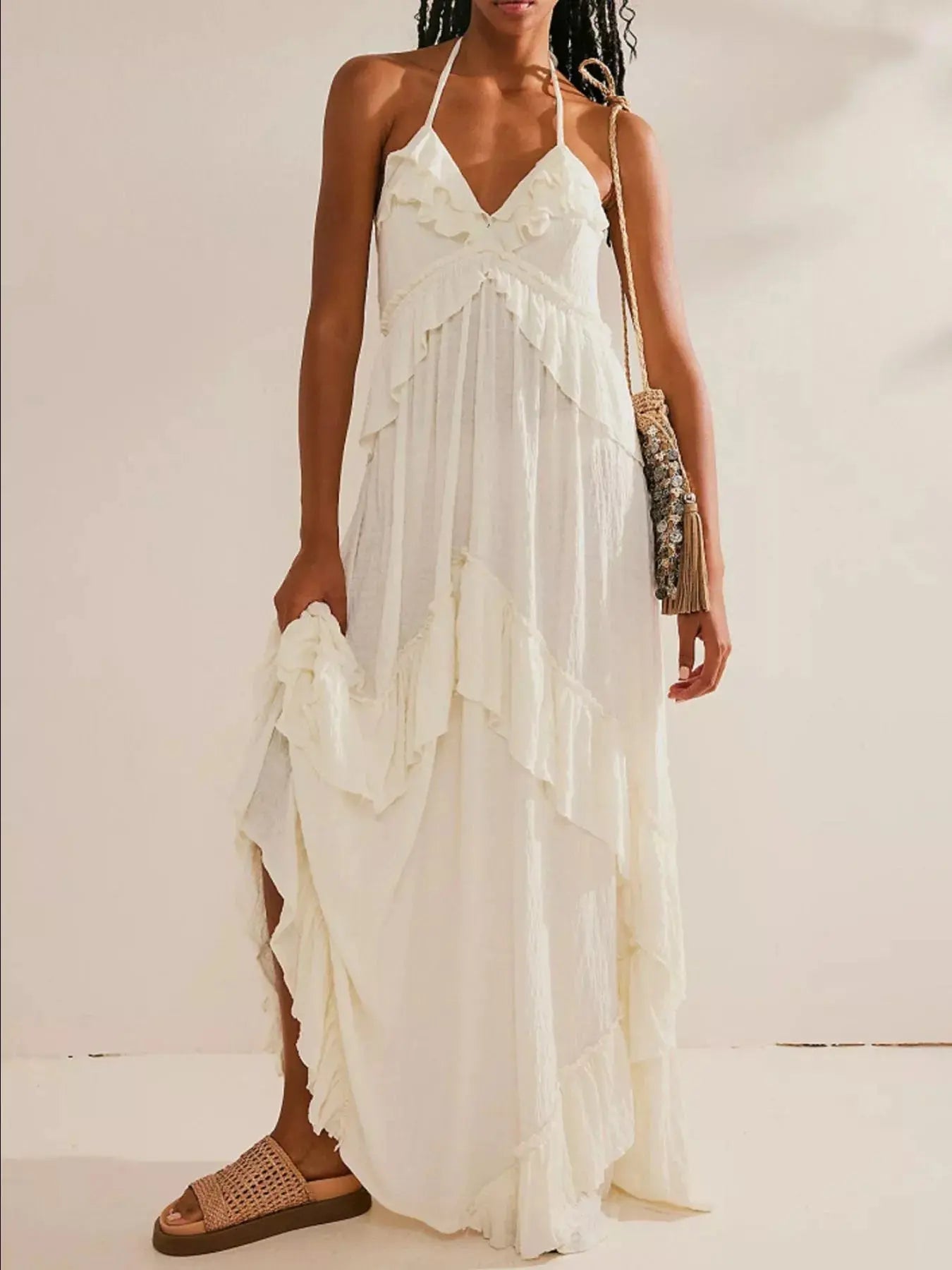 Ruffled Halter Neck Maxi Dress - Charmdeals