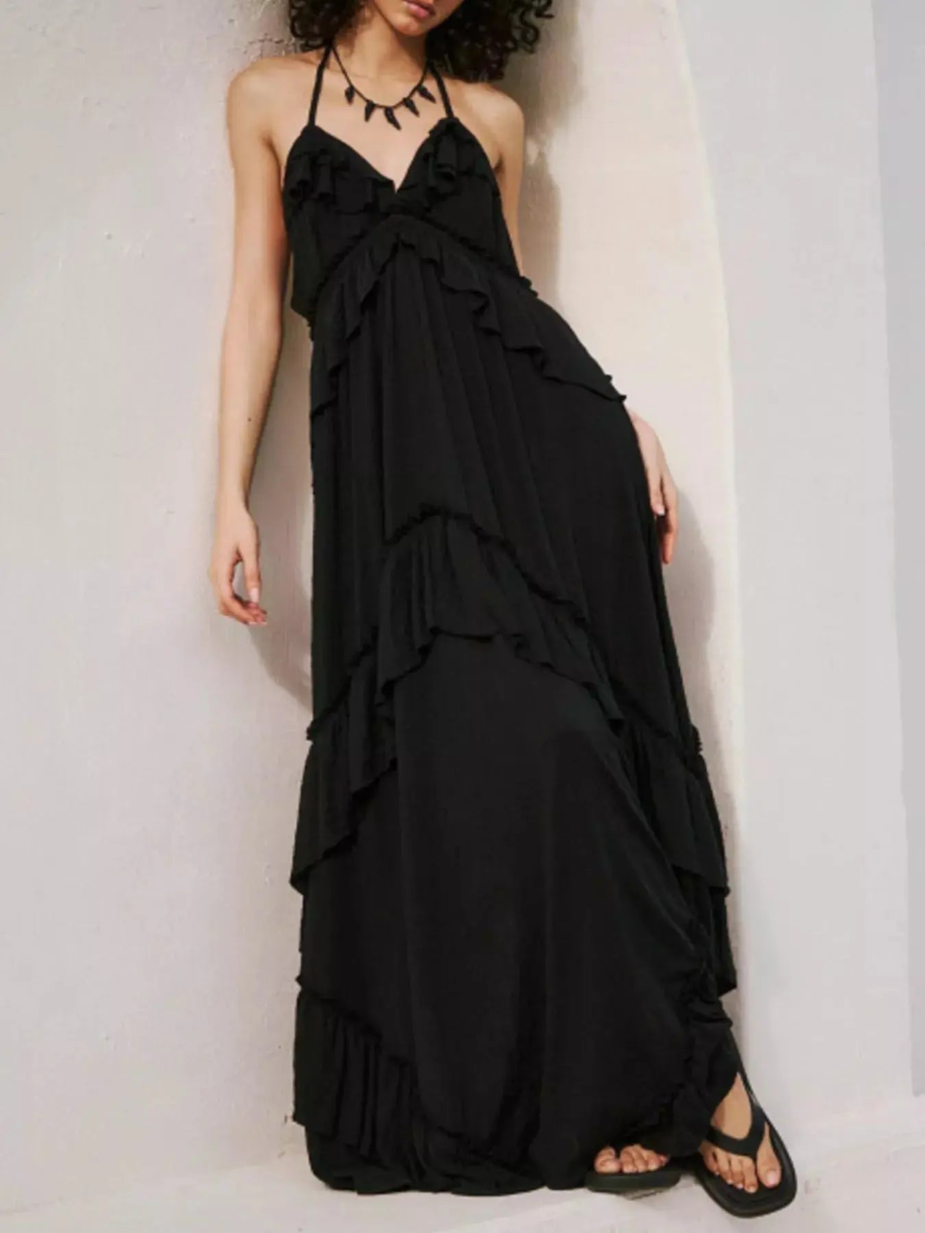 Ruffled Halter Neck Maxi Dress - Charmdeals