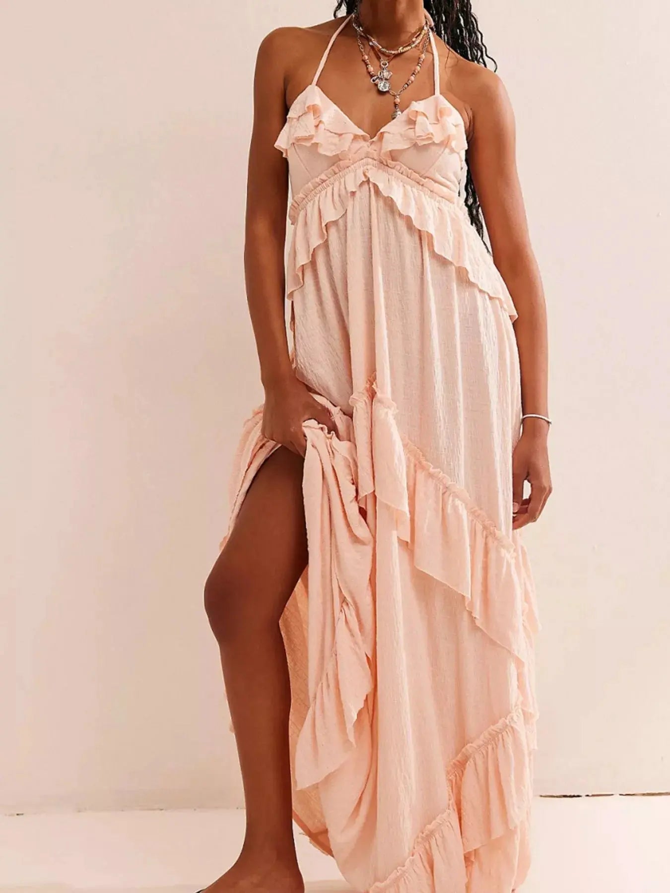 Ruffled Halter Neck Maxi Dress - Charmdeals