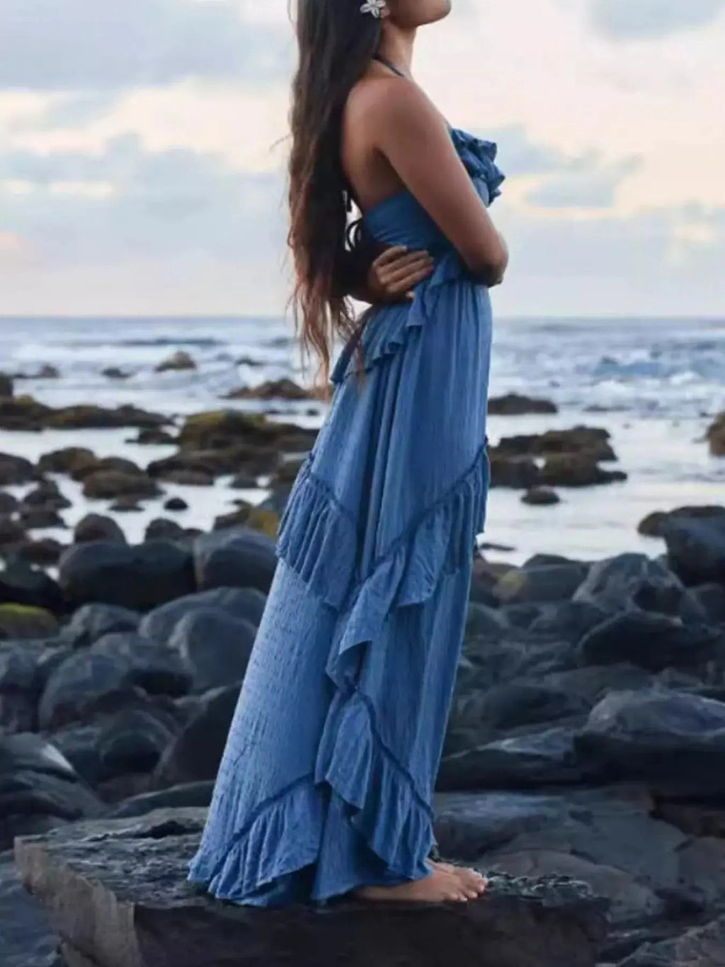Ruffled Halter Neck Maxi Dress - Charmdeals