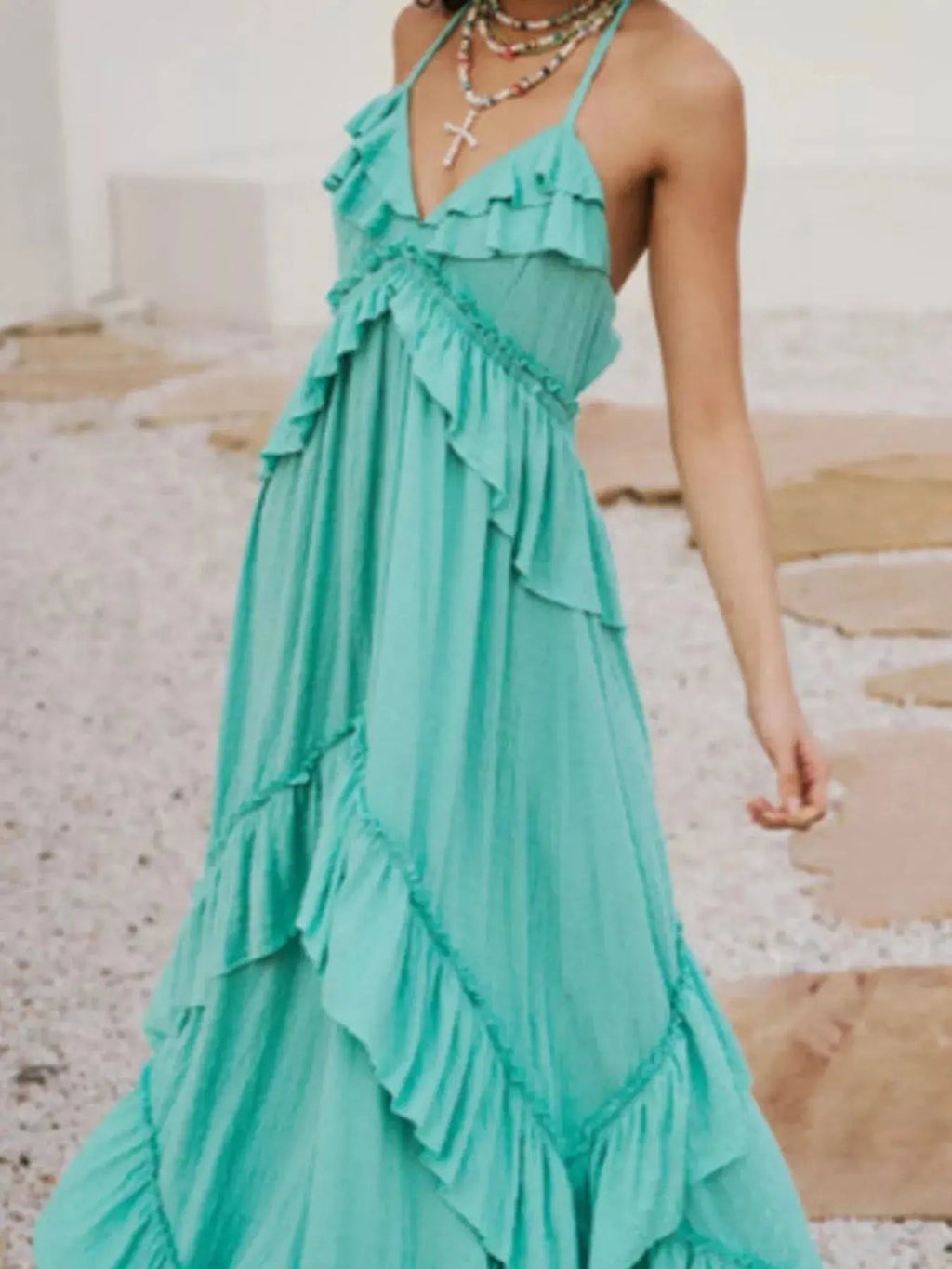 Ruffled Halter Neck Maxi Dress - Charmdeals