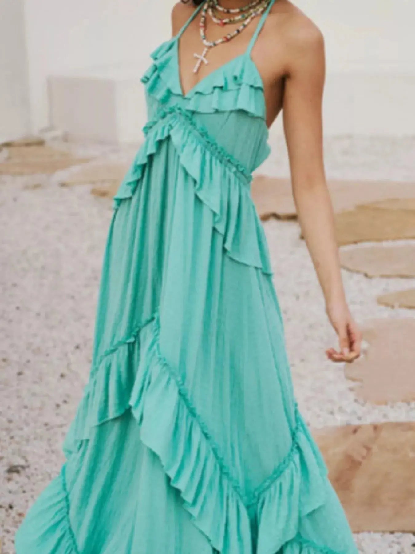 Ruffled Halter Neck Maxi Dress - Charmdeals