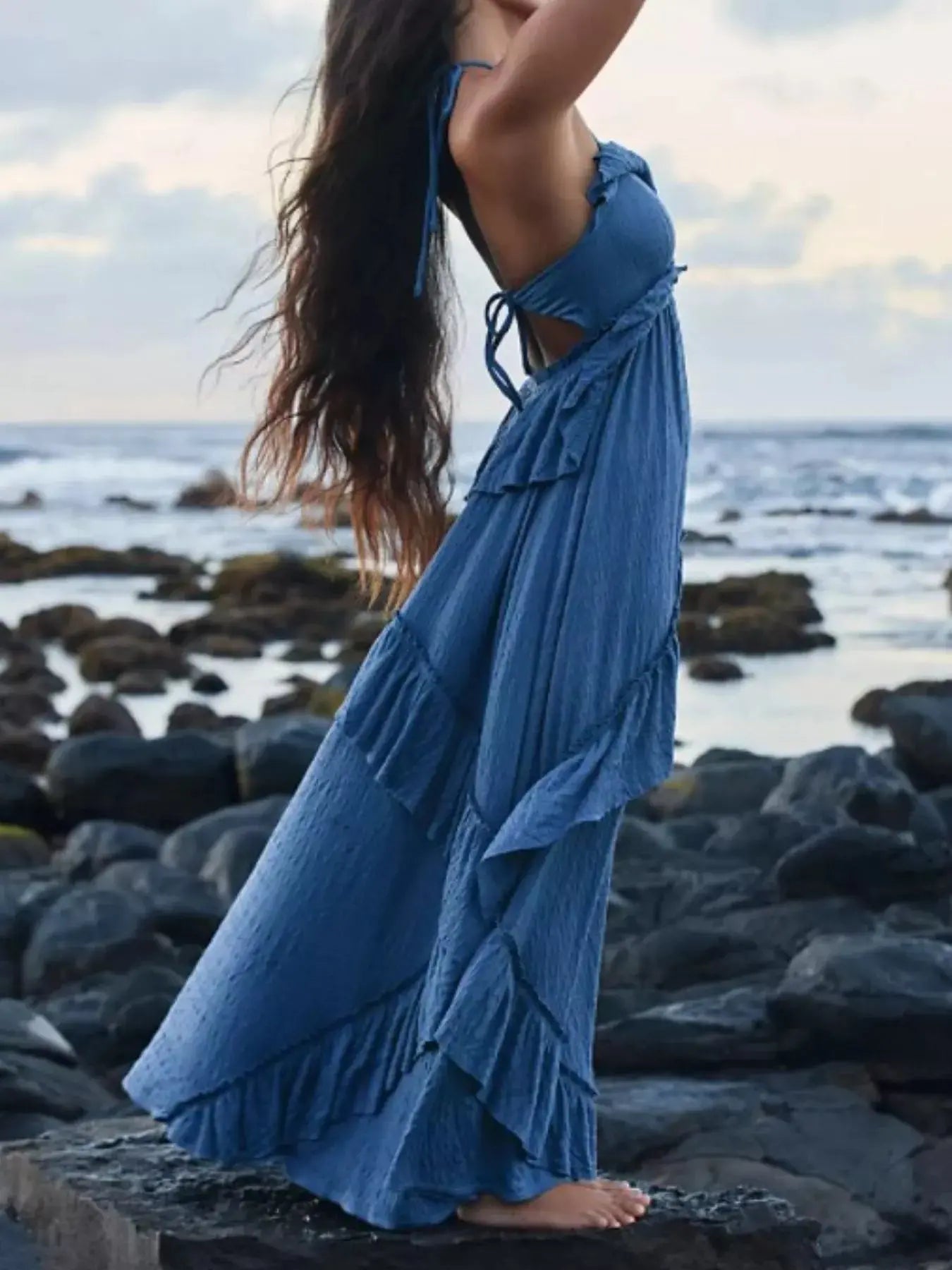 Ruffled Halter Neck Maxi Dress - Charmdeals