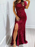 Sequin One - Shoulder Dress with High Slit - Charmdeals