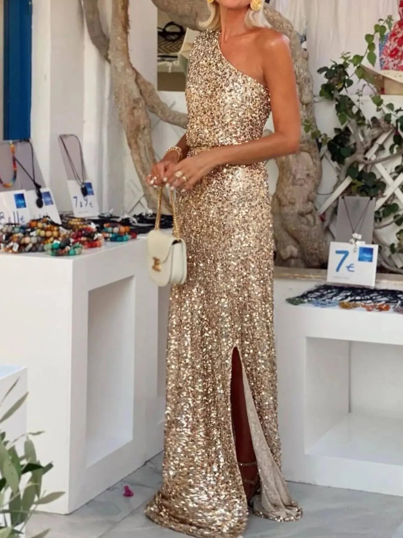 Sequin One - Shoulder Slit Maxi Dress - Charmdeals
