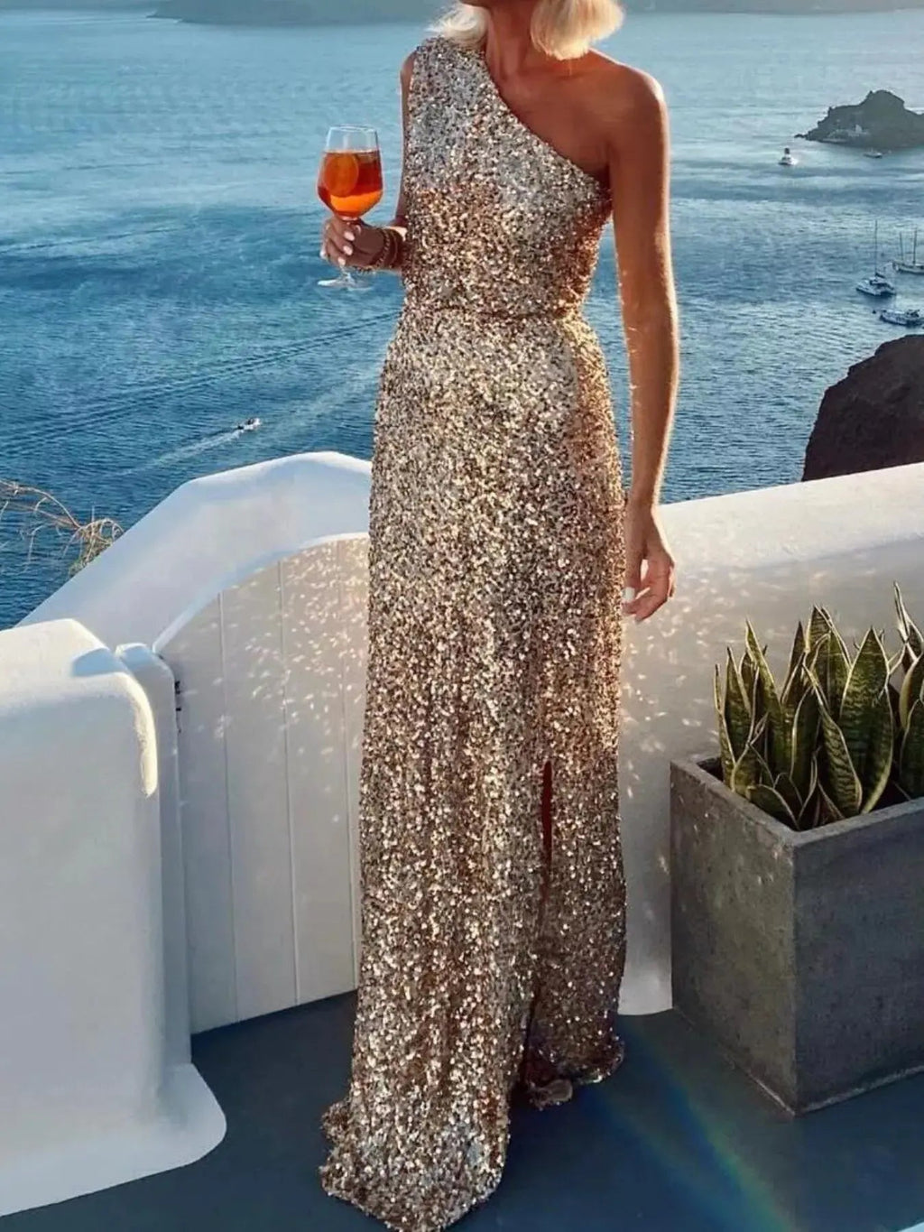 Sequin One - Shoulder Slit Maxi Dress - Charmdeals