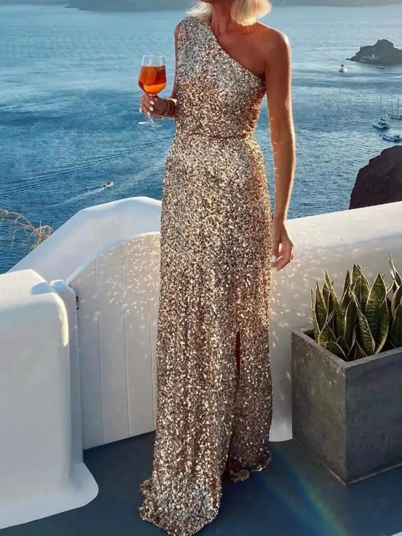 Sequin One - Shoulder Slit Maxi Dress - Charmdeals