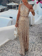 Sequin One - Shoulder Slit Maxi Dress - Charmdeals