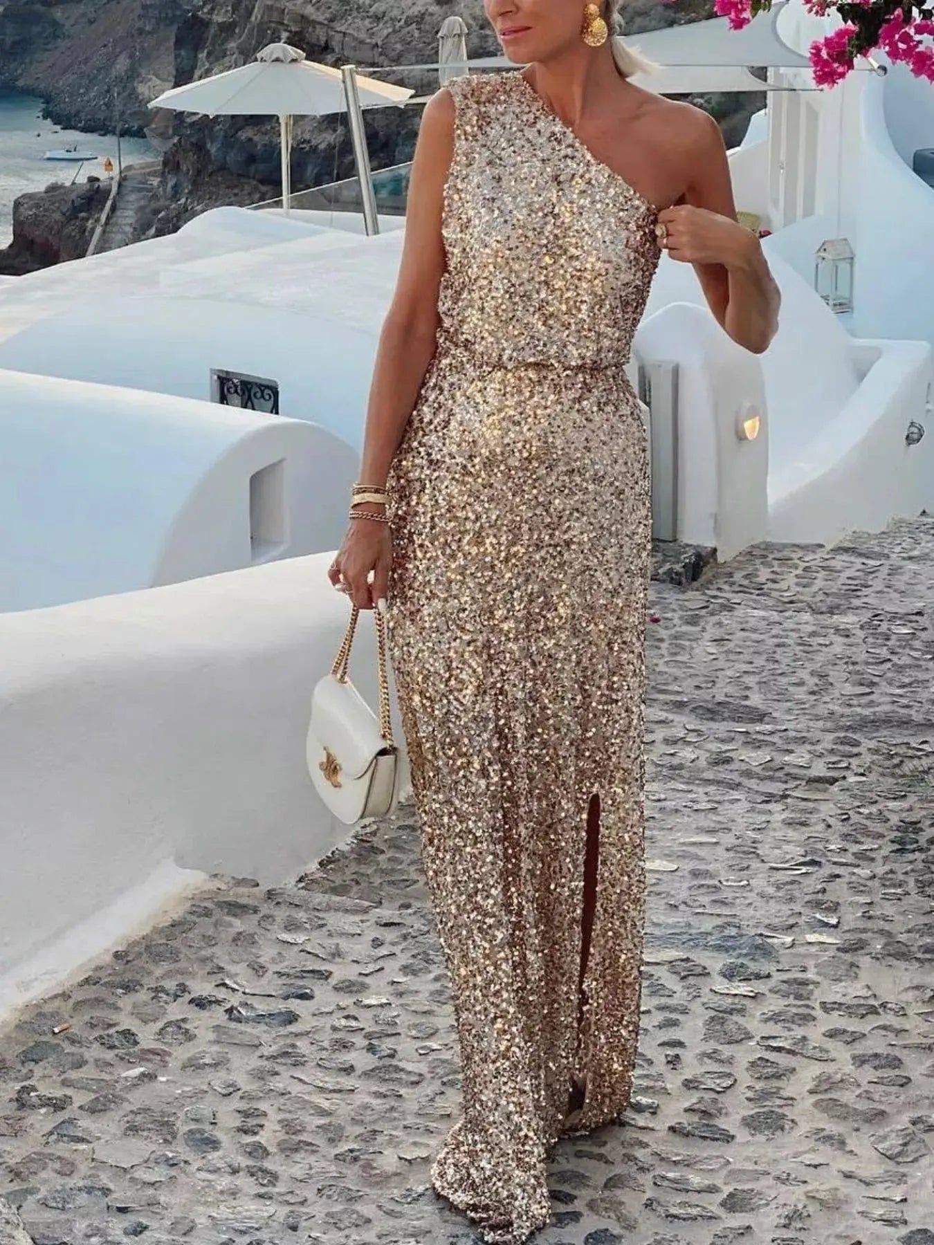 Sequin One - Shoulder Slit Maxi Dress - Charmdeals