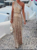 Sequin One - Shoulder Slit Maxi Dress - Charmdeals