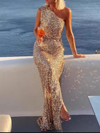 Sequin One - Shoulder Slit Maxi Dress - Charmdeals
