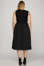 She + Sky Full Size Sleeveless Poplin Woven Midi Dress with Pockets Plus Size - Charmdeals