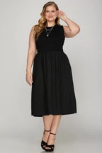 She + Sky Full Size Sleeveless Poplin Woven Midi Dress with Pockets Plus Size - Charmdeals