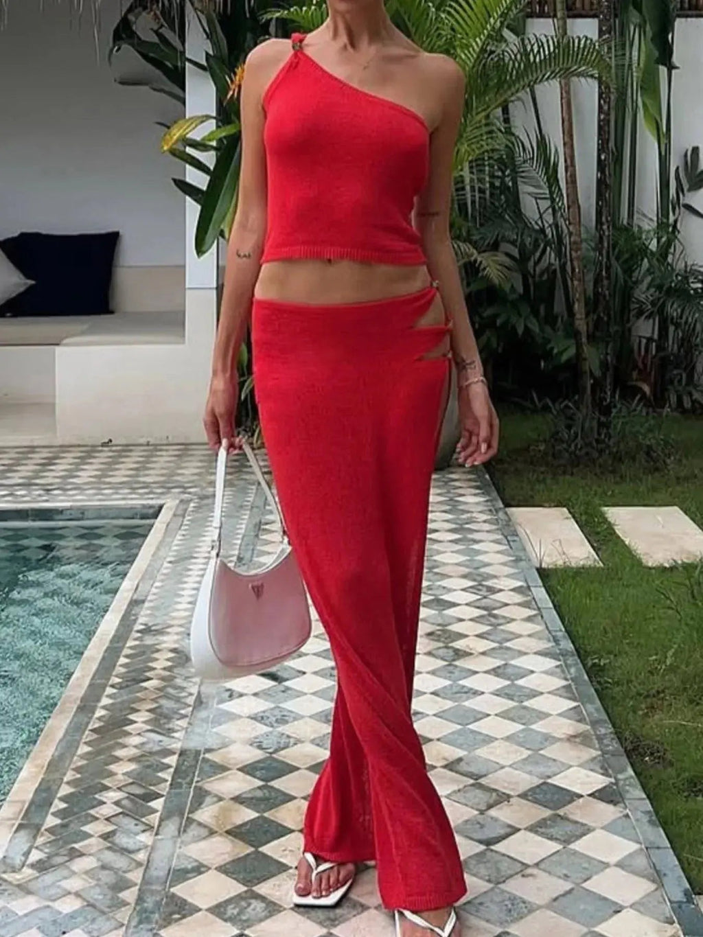 Single Shoulder Cami and Slit Skirt Sweater Set - Charmdeals