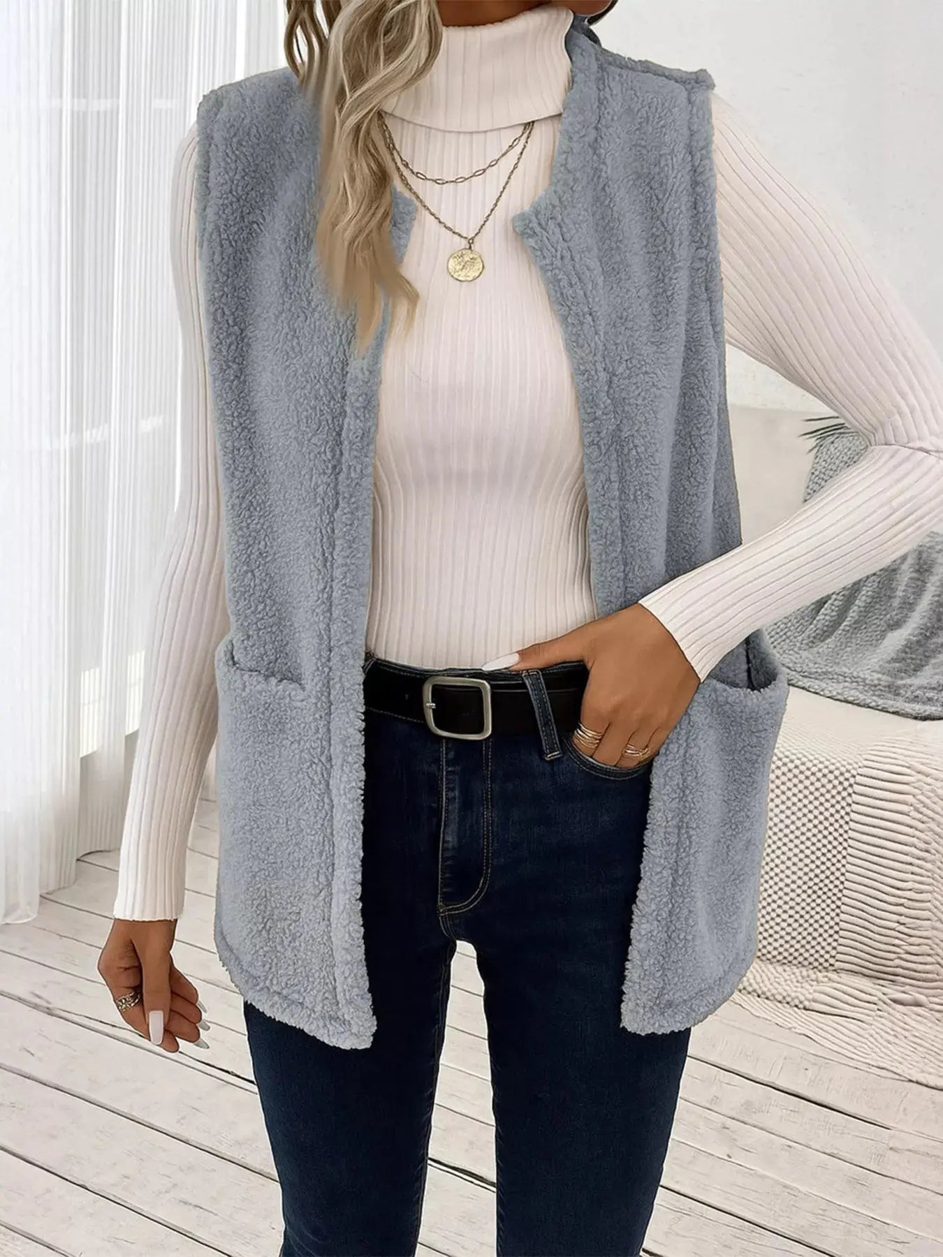 Sleeveless Fuzzy Fleece Vest Coat - Charmdeals