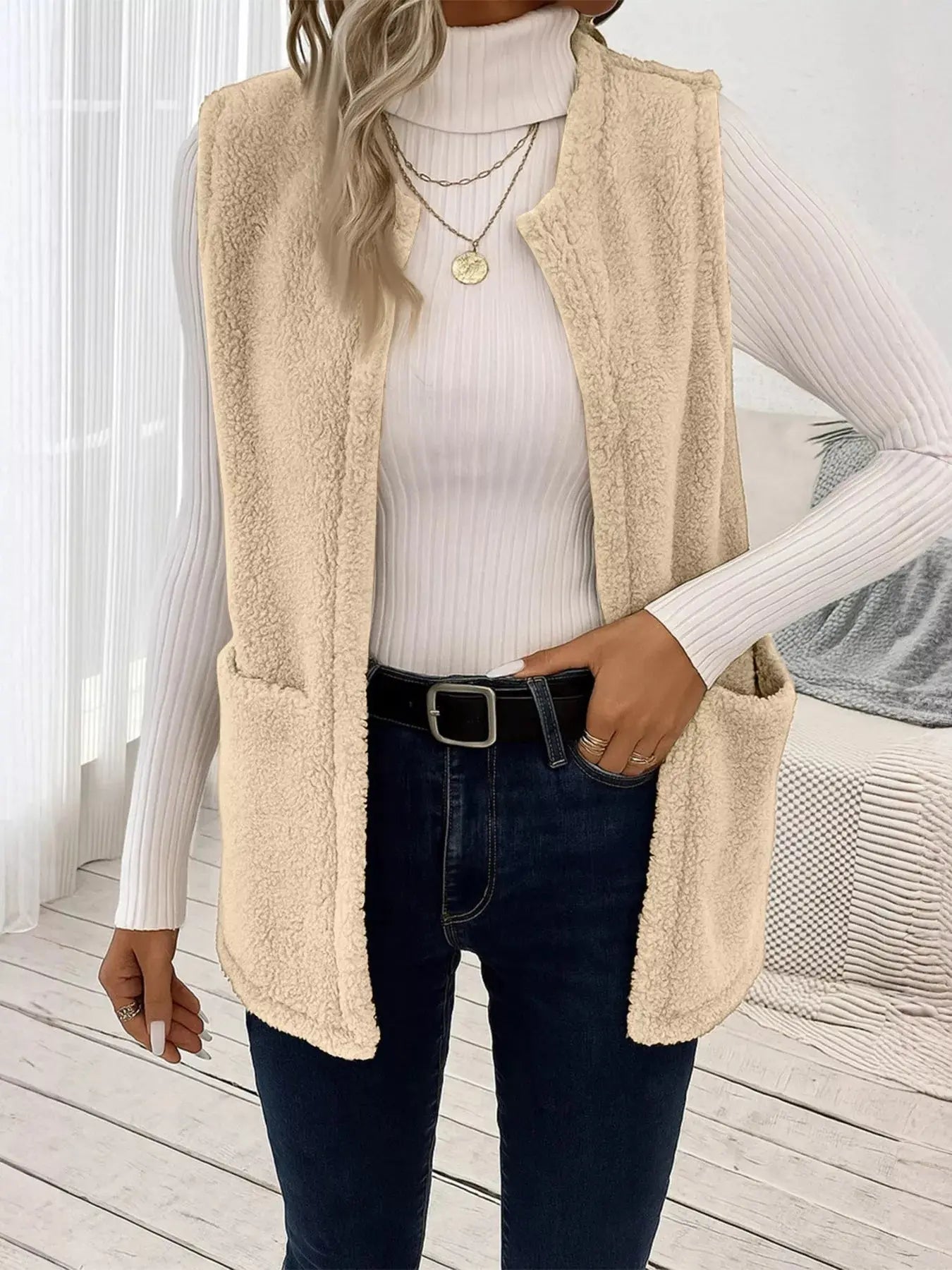 Sleeveless Fuzzy Fleece Vest Coat - Charmdeals