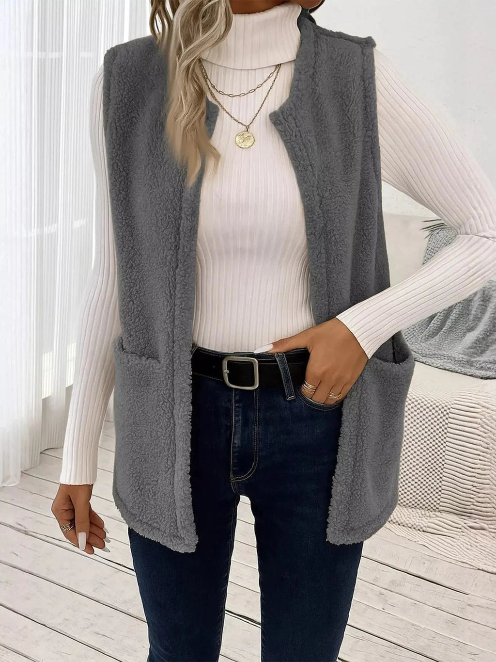 Sleeveless Fuzzy Fleece Vest Coat - Charmdeals