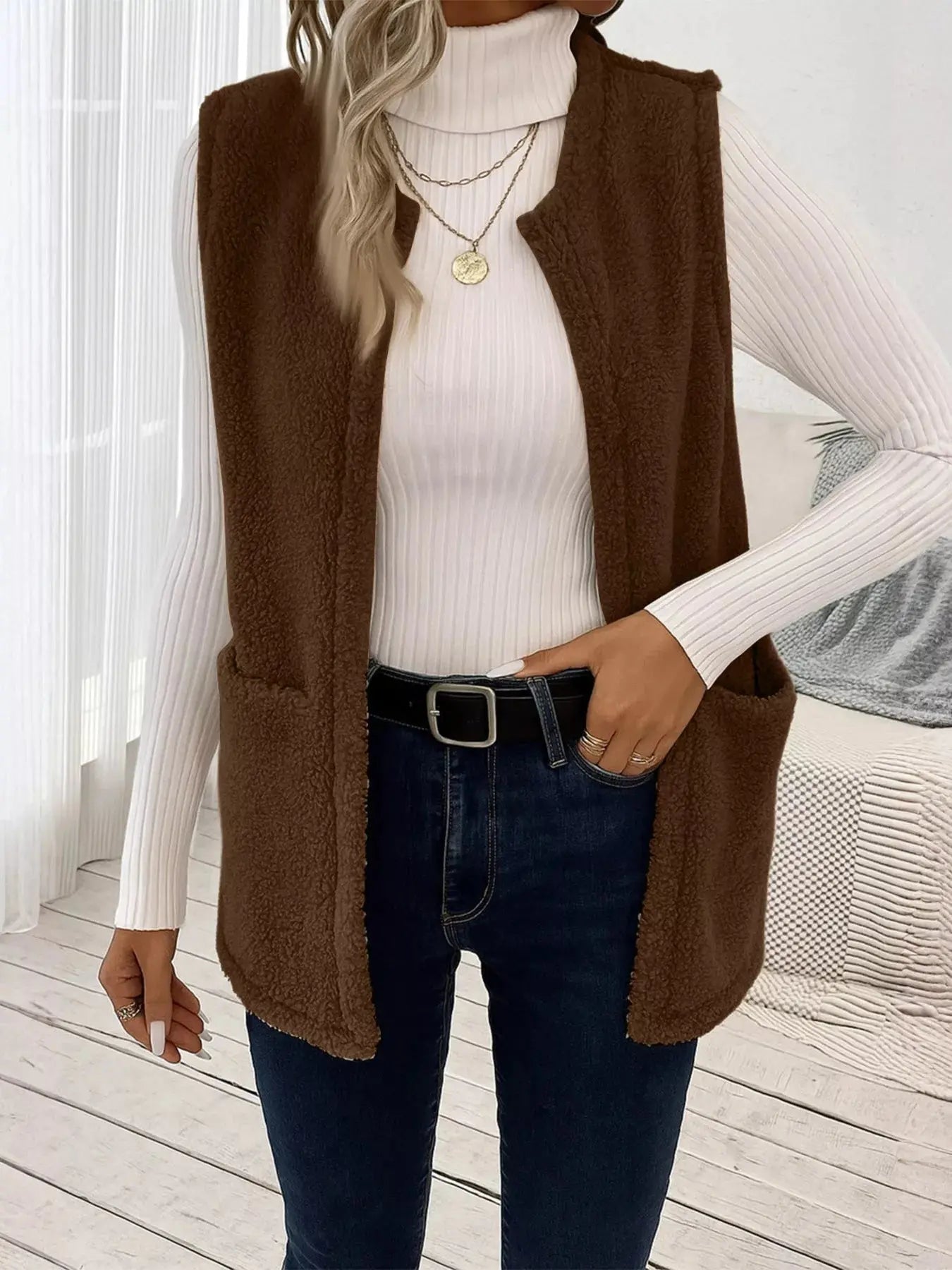 Sleeveless Fuzzy Fleece Vest Coat - Charmdeals