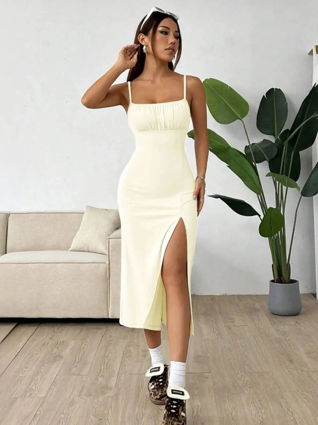 Slit Bodice Midi Cami Dress - Charmdeals