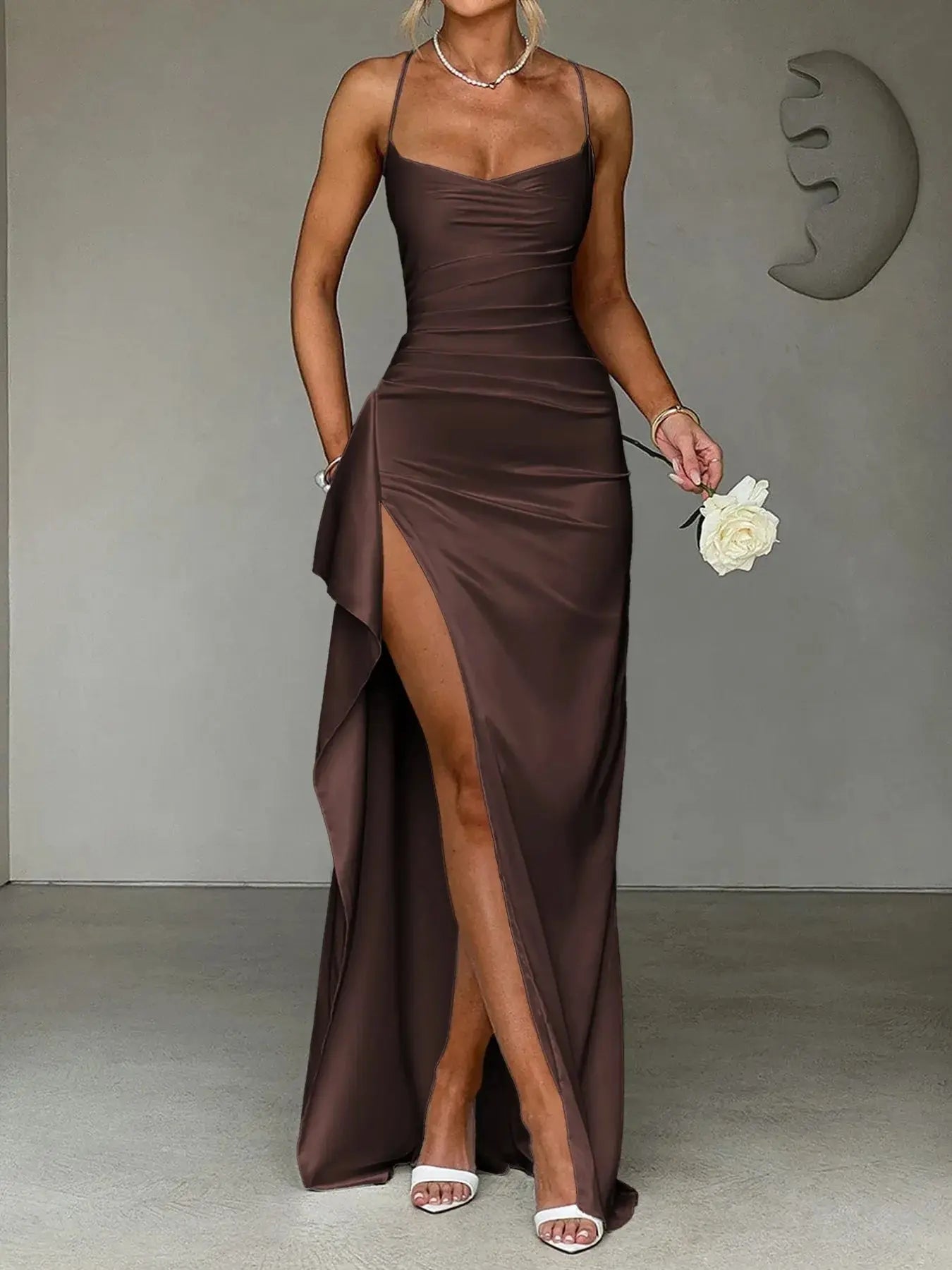 Slit Crisscross Back Maxi Cami Dress - Charmdeals