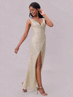 Slit Sequin Surplice Sleeveless Maxi Dress - Charmdeals