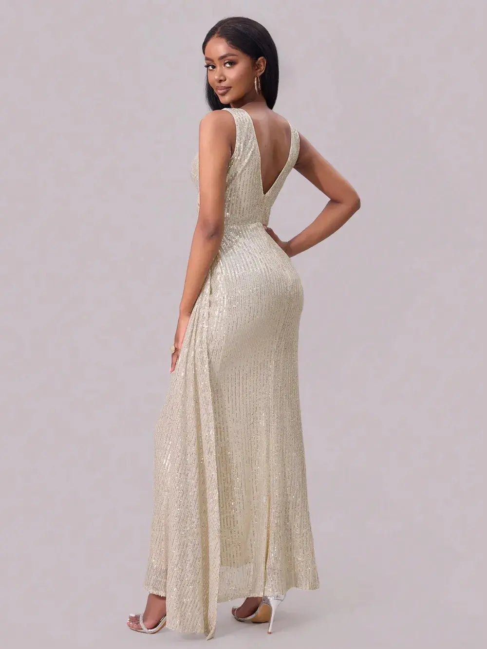 Slit Sequin Surplice Sleeveless Maxi Dress - Charmdeals