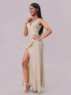Slit Sequin Surplice Sleeveless Maxi Dress - Charmdeals