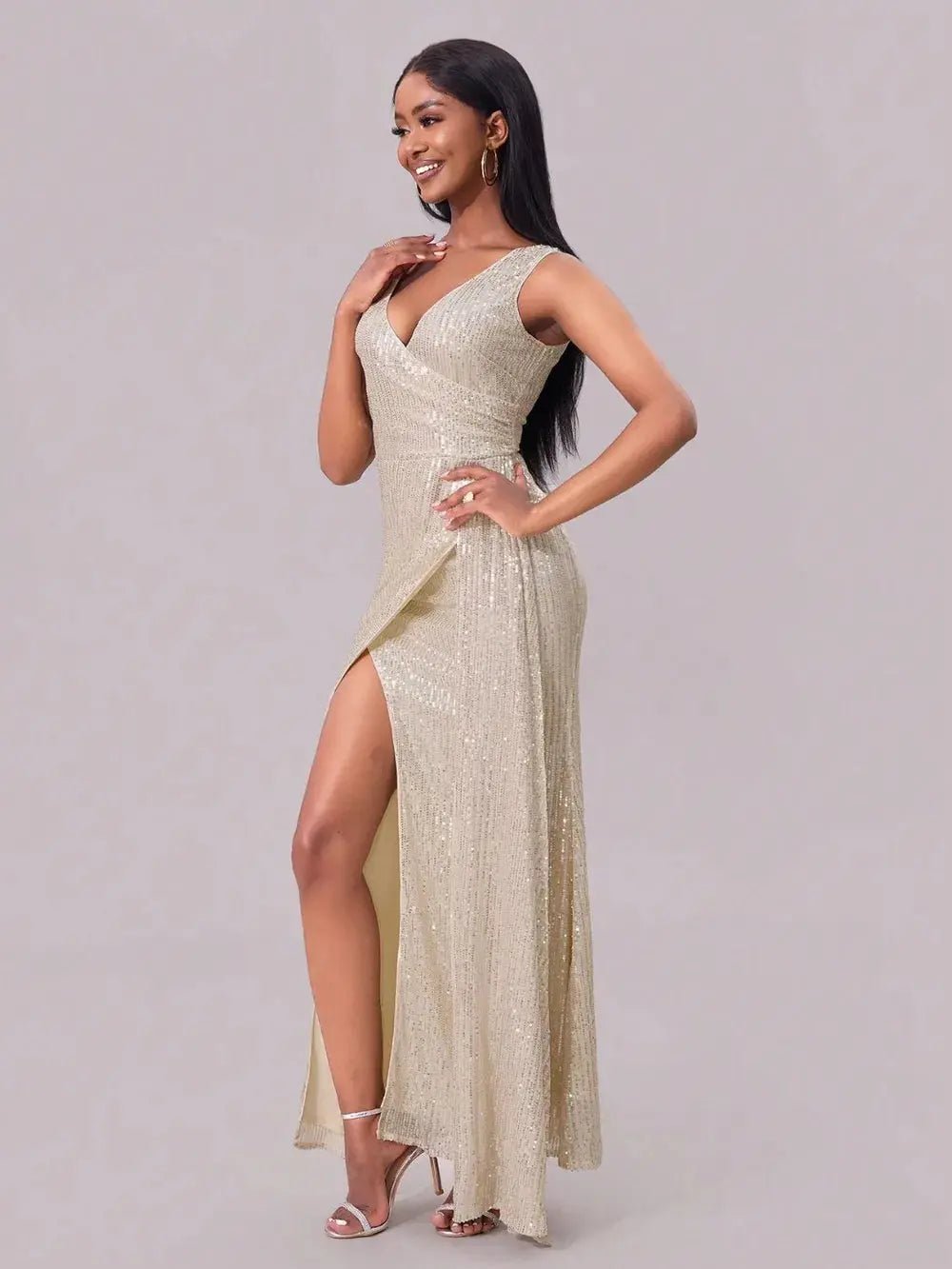 Slit Sequin Surplice Sleeveless Maxi Dress - Charmdeals