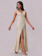 Slit Sequin Surplice Sleeveless Maxi Dress - Charmdeals