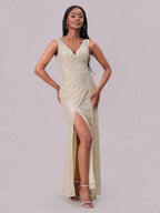 Slit Sequin Surplice Sleeveless Maxi Dress - Charmdeals