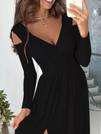 Slit Surplice Cold Shoulder Maxi Dress - Charmdeals