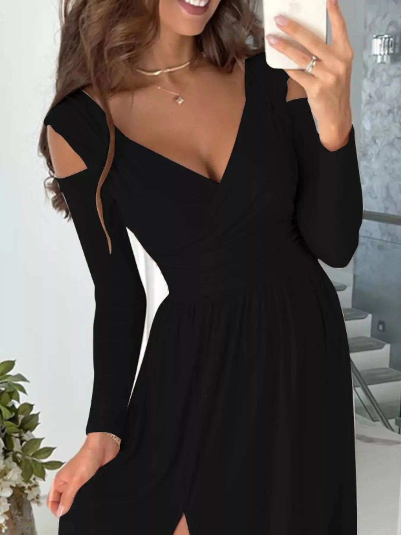 Slit Surplice Cold Shoulder Maxi Dress - Charmdeals