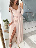 Slit Surplice Cold Shoulder Maxi Dress - Charmdeals