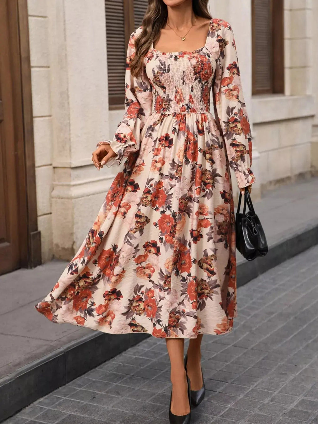 Smocked Floral Print Flounce Sleeve Dress - Charmdeals