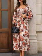 Smocked Floral Print Flounce Sleeve Dress - Charmdeals