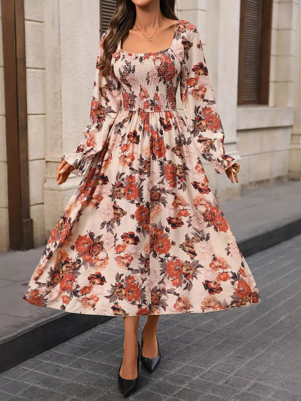 Smocked Floral Print Flounce Sleeve Dress - Charmdeals