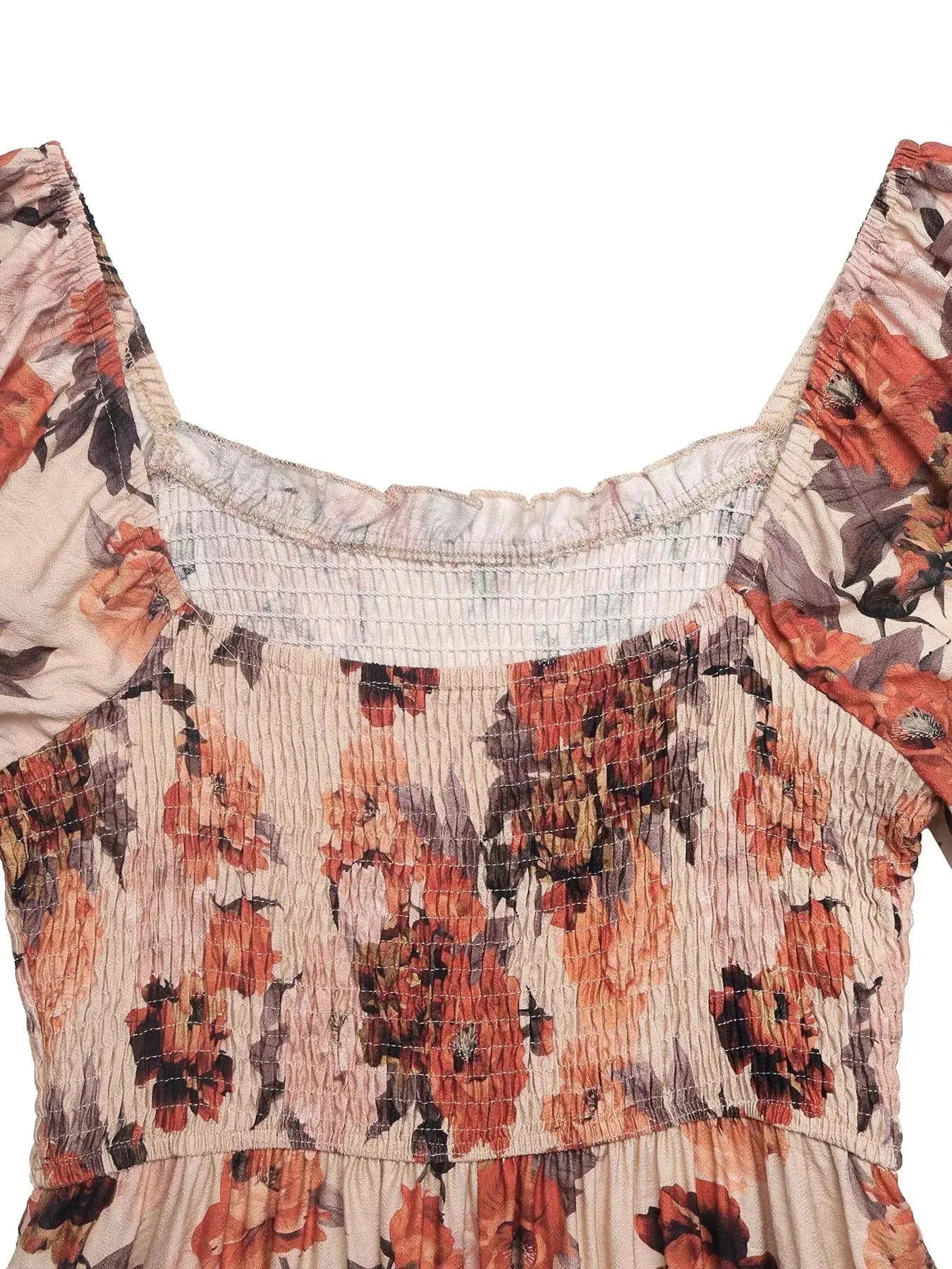 Smocked Floral Print Flounce Sleeve Dress - Charmdeals