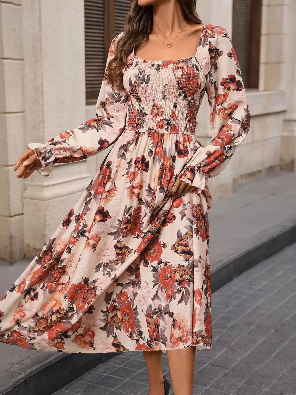 Smocked Floral Print Flounce Sleeve Dress - Charmdeals